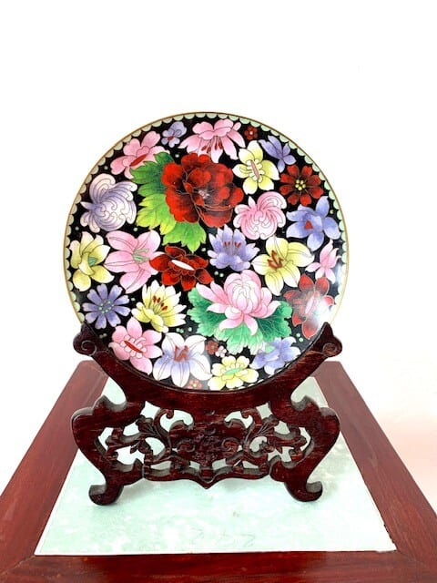 Piatto Cinese Cloisonne in Ottone Smaltato 1950